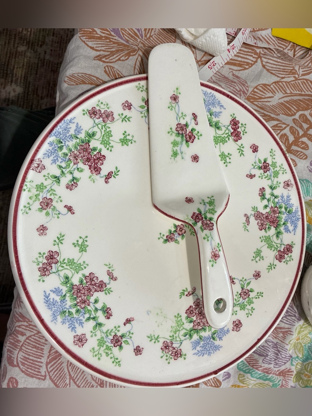 Cake Plate & Server, 1940s Japan. Cherry Blossoms, Forget-Me-Nots, Green Vines.